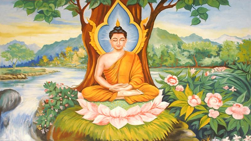 Buddha praktikující meditaci milující laskavosti pod stromem pro duchovní osvícení